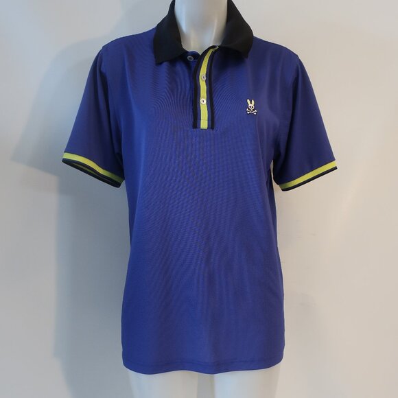 Mens Psycho Bunny Blue Black Neon Pique Short Sleeve Sport Polo Shirt 5 US/M - Picture 1 of 8